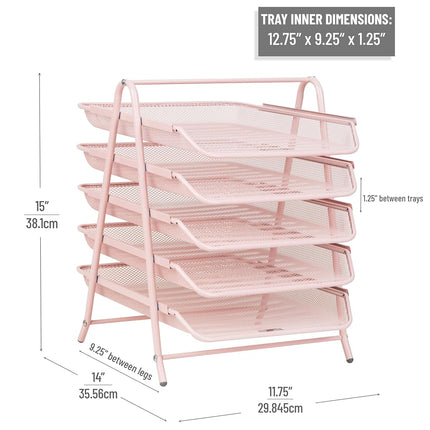 Mind Reader 5-Tier Paper Tray, Desktop Organizer, File Storage, Workspace, Office, Metal Mesh, 11.75" L x 14" W x 15" H, Pink