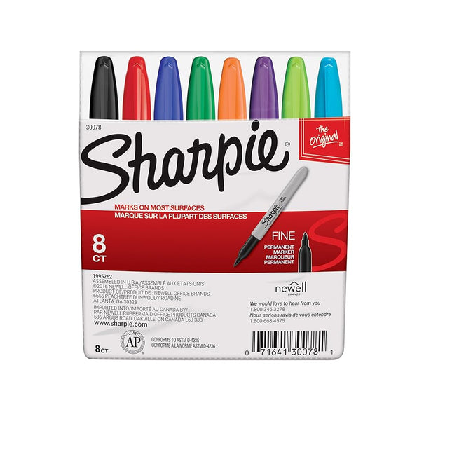 SHARPIE 30078 Permanent Markers, Fine Point, Classic Colors, 8 Count (Assorted)
