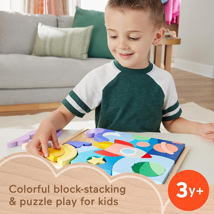 Fisher-Price Wood Preschool Toy Space Blocks Jigsaw Puzzle, 42 Wooden Pieces for Stacking & Sorting Play Kids Ages 3+ Years, HXY42