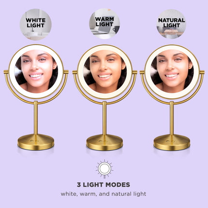 Miroir de maquillage éclairant Conair, Miroir de courtoisie LED double face avec grossissement 1X/10X, 3 réglages d'éclairage, 3 modes, rotation à 360°, finition laiton brossé