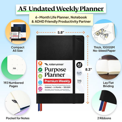 Roterunner Purpose Planner Notebook A5 5.8”x8.3” Undated Daily Planner 2024-2025 Daily Weekly and Monthly Productivity Goal Setting Tool for Work Home ADHD Planner for Adults Self Care Journal (Black
