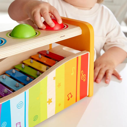 Hape Multifunctional Pound & Tap Bench with Slide-Out Xylophone | Durable Wooden Musical Pounding Toy for Toddlers 12 Months and Up