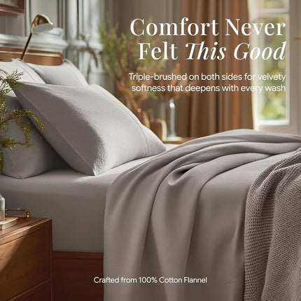 Tribeca Living Luxury Solid Flannel Deep Pocket Sheet Set, Platinum, Full