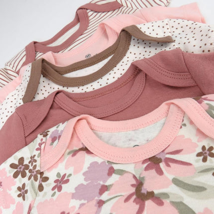 HonestBaby baby-girls 5-pack Short Sleeve Bodysuits One-piece 100% Organic Cotton for Infant Baby Girls, Painted Floral Pink, 18 Months