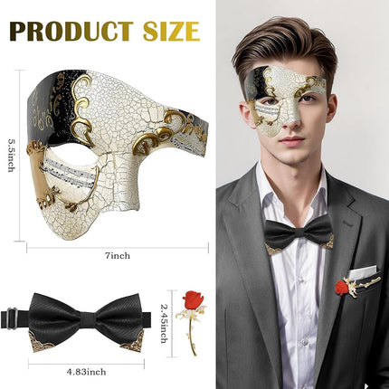 IncreDecor Masquerade Mask for Men Phantom of The Opera Mask with Bowtie, Half Face Venetian Masks for Halloween Parties Carnival