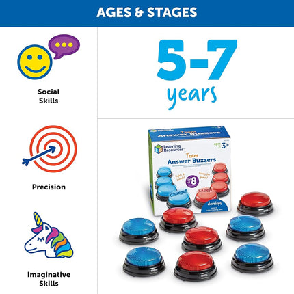 Learning Resources Team Answer Buzzers, 4 Red & 4 Blue Buzzers, 2 Different Sounds, Fun For Classroom & Home Game Play, Ages 3+