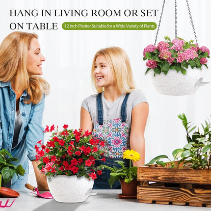 SQKH 12 Inch Hanging Baskets 2 PC with Chains, Self-Watering Hanging Planters for Indoor Outdoor Plants, Plastic Hanging Flower Pots,Speckled White