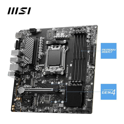 MSI PRO B650M-P Motherboard, Micro-ATX - Supports AMD Ryzen 9000/8000 / 7000 Series Processors, AM5 - DDR5 Memory Boost 6000+MHz/OC, 1 x PCIe 4.0 x16, 2 x M.2 Gen4, 2.5G LAN