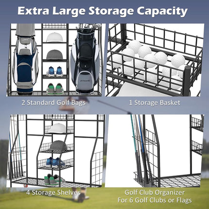 Organizador de bolsas de golf GYMAX, estante de almacenamiento con ruedas bloqueables y soporte lateral para palos, soporte para equipos extragrande para accesorios de golf (2 compartimentos)