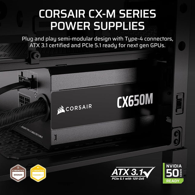 Corsair CX650M (2025) Semi Modular ATX 3.1 PCIe 5.1 Low-Noise 650W Power Supply with 12V-2x6 Cable � Cybenetics Bronze Efficiency, LLC Topology, 105�C Capacitors � Black