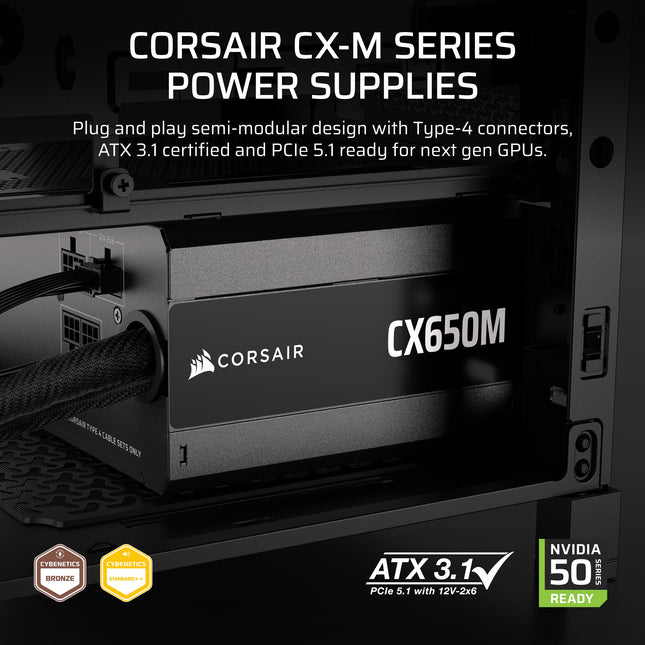 Corsair CX650M (2025) Fuente de Alimentación Semi Modular ATX 3.1 PCIe 5.1 de Bajo Ruido 650W con Cable 12V-2x6 – Eficiencia Cybenetics Bronce, Topología LLC, Condensadores de 105°C – Negro
