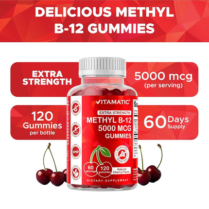 Vitamatic Extra Strength Vitamin B12 5000 mcg (Methyl B12) Gummies - 120 Count - Natural Cherry Flavored