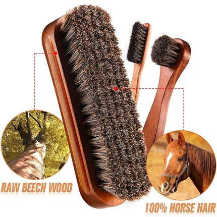 4 Pcs Horsehair Shine Shoes Brush Kit Polish Dauber Applicators Cleaning Leather Shoes Boots Care Brushes Suede Cleaner Brush with Microfiber Shoe Cloth