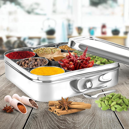KSJONE Indian Spice Tin Stainless Steel Masala Dabba LARGE Curry Cooking Tiffin Box Kitchen Container 9 Compartments Storage Set Silver (KSJ0325)