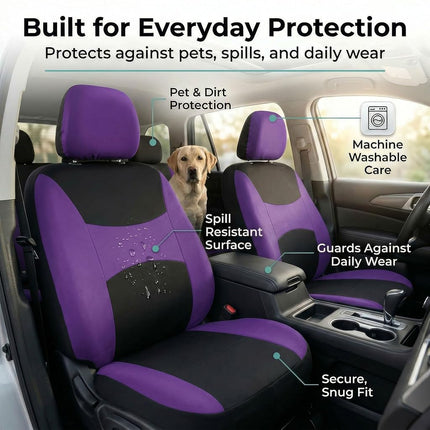 FH Group Light & Breezy Cloth Car Seat Covers, 7 Seater Three Row Set- Airbag & Split Ready -Universal for Cars Trucks and SUVs (Purple/Black)