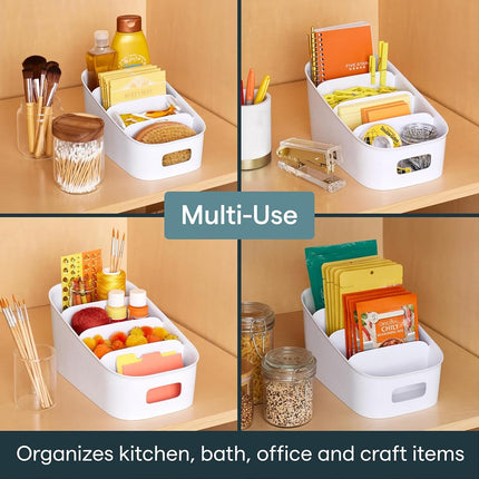 YouCopia ShelfBin, 4 Stairstep Raised Divided Bin, BPA-Free Storage Caddy for Kitchen Pantry and Cabinet, Tiered Packet Organizer, Speckled White