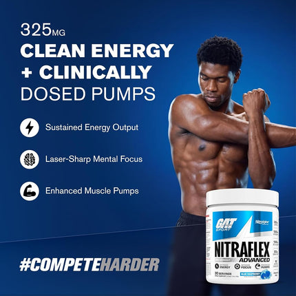 GAT Clinically Tested Nitraflex, Testosterone Enhancing Pre Workout, Blue Raspberry,300 Gram