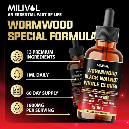 Milivol 13in1 Wormwood Liquid Drops - Black Walnut Wormwood Liquid with Whole Cloves & More - 60 Day Supply - 2 Fl Oz