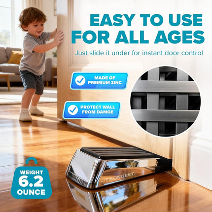 Strongest Home Door Stopper, Set of 10 Heavy Duty Door Stop Wedge Made of Premium Quality Zinc and Rubber Suits Any Door, Any Floor - Plus 10 Self Adhesive Wall Protectors (Black Silver)