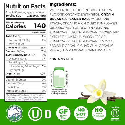 Poudre de protéine de lactosérum Orgain nourri à l'herbe, Vanille, sans gluten, sans OGM, 1,82 livre, 1 unité