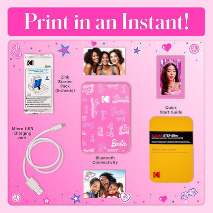 KODAK x Barbie Instant Smartphone Portable Photo Printer, Full Color, Wireless, Zink 2x3” (5.1x7.5 cm) Sticky-Back Photos, Print from iOS & Android Devices with Fun Editing App, Signature Style