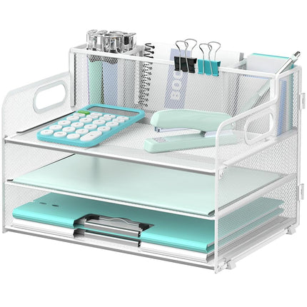 SUPEASY Organiseur de bureau 3 niveaux avec poignée et 3 porte-stylos, Organiseur de papier/dossiers en maille pour bureau, Trieur à courrier pour fournitures de bureau (Blanc), 1 pièce, 3CST-3PH