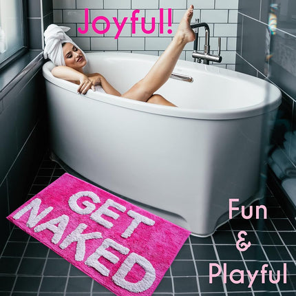 Get Naked Bath Mat - Funny Cute Bathroom Rug in Hot Pink, Magenta, Peach - Non-Slip Washable Shower Mat for Girls, Women - Fun College Apartment Decor