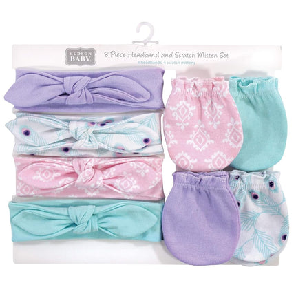 Hudson Baby Baby Girls' Cotton Headband and Scratch Mitten Set, Peacock, 0-6 Month