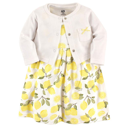 Hudson Baby Baby Girls' Cotton Dress and Cardigan Set, Lemon, 3T