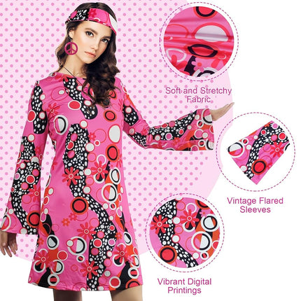 MRYUWB 70s Hippie Dress Costumes Necklace Earrings Sunglass Women Disco Outfit, 60s Party Costume, Halloween Retro Dresses (Pink, M)