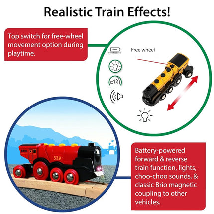 BRIO World Mighty Gold Action Locomotive Battery Powered Toy Train for Kids Age 3 Years Up - Wooden Railway Set Add On Accessories