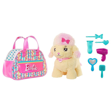 Mattel Barbie Stuffed Animals, Hairdresser Poodle with Themed Purse Playset and 6 Accessories, Plush with Lights and Sounds, Salon Pet Adventure, HPJ43