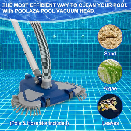 POOLAZA Pool Vacuum Head, Weighted, 1-1/4'', 1-1/2'' Swivel Hose Connection, Bottom & Side Brushes, Thorough Cleaning, Smooth Maneuverability, Navy Blue, Plastic, Inground & Above Ground Pools