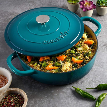 Crock Pot Artisan Enameled Cast Iron Braiser W/Lid, 5 Quart, Teal Ombre