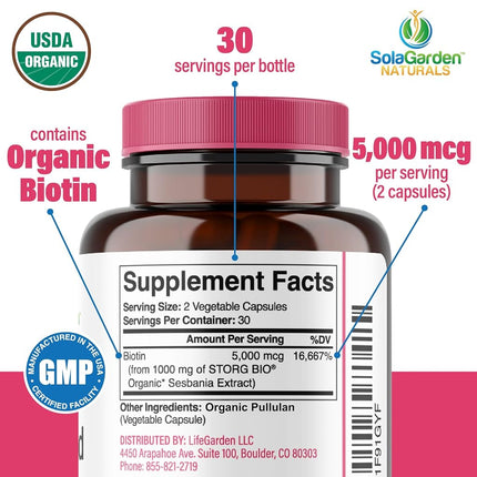 USDA Organic Whole Food Biotin Supplement, Made with Plant-Based Biotin from Sesbania Agati Trees, by SolaGarden Naturals, 60 Non-GMO Vegan Capsules, Supports Hair, Skin, and Nails, Made in USA