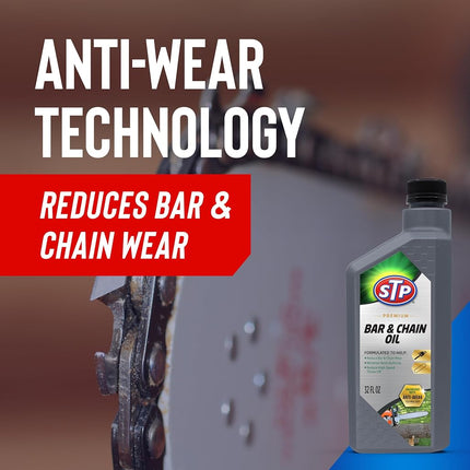 STP Premium Bar and Chain Oil, 32 fl oz, Chainsaw Oil that Minimizes Bar and Chain Wear, Reduces High-Speed Throw-Off, and Minimizes Resin Buildup