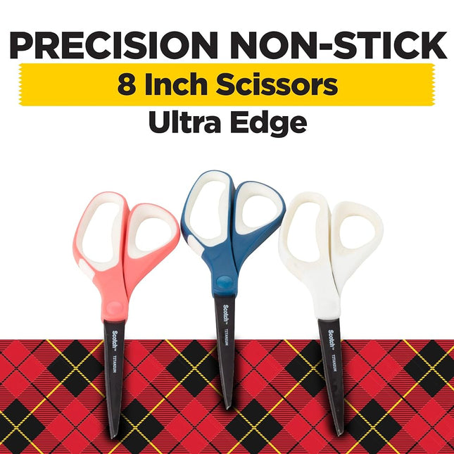 Scotch Scissors, 8" Precision Ultra Edge Scissors, Titanium Fused Blades, 3 Pairs, Blue, Pink, Green