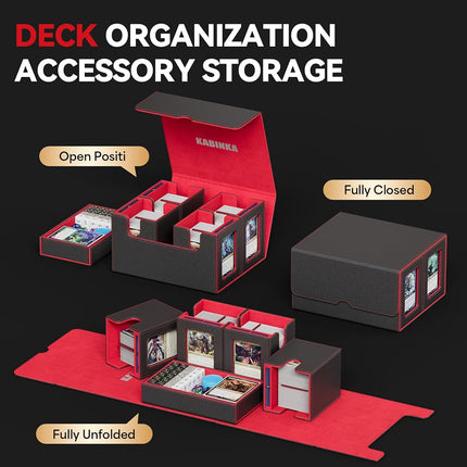 Card Deck Box for MTG with Commander Display, 5 in 1 Card Storage Box Fits 400+ Double-sleeved Cards, Removable Deck Case for TCG/Sports Cards with Dice Tray, 4 Magnetic Card Holders (Black Red)