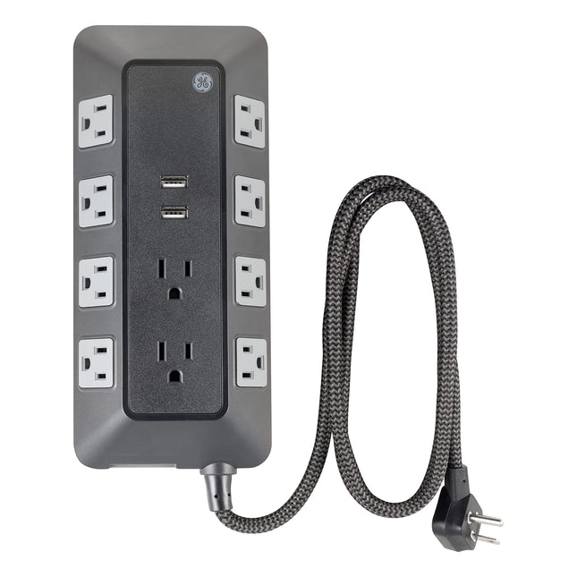 Protector de sobretensión GE UltraPro de 10 tomas con puertos USB, 2 puertos USB-A, 2,4 A, 12 W, regleta con cable trenzado de 1,2 m, 3540 julios, negro, 73775