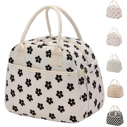 Carry Bloom Lunch Box for Women, Insulated Lunch Bag Cute Corduroy Lunchbag Reusable Lunchbox for Work (Flower Black)