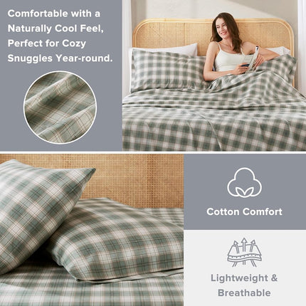 Comfort Spaces 100% Cotton Sheets Twin, Breathable, Naturally Cool Cotton Sheets, Soft Cotton Bed Sheets with 12" Elastic Pocket Fits up to 14" Mattress, All Seasons Sheet Set, Wesley Green 3 Piece