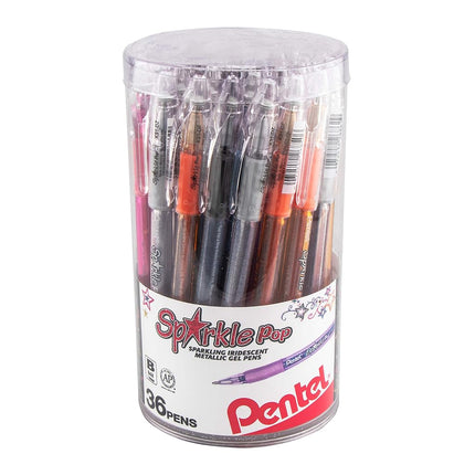 Bolígrafos de gel iridiscentes Pentel Sparkle Pop, (1.0mm) Trazos gruesos, Tinta surtida (A/C/D/F/P/V/x/Z) Recipiente de 36 unidades (K91PC36M)