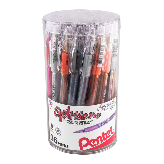 Bolígrafos de gel iridiscentes Pentel Sparkle Pop, (1.0mm) Trazos gruesos, Tinta surtida (A/C/D/F/P/V/x/Z) Recipiente de 36 unidades (K91PC36M)