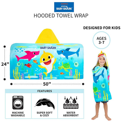 Franco Baby Shark Bath/Pool/Beach Soft Cotton Terry Hooded Towel Wrap, 24 in x 50 in, Kids