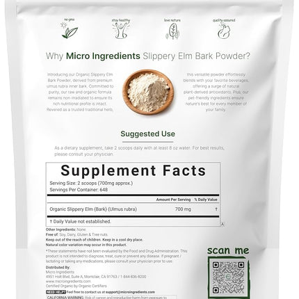 Sustainably US Grown Organic Slippery Elm Bark Powder, 1 Pound, Helps Soothe The Throat and Coughing, No Irradiated, No Contaminated, No GMOs and Vegan Friendly