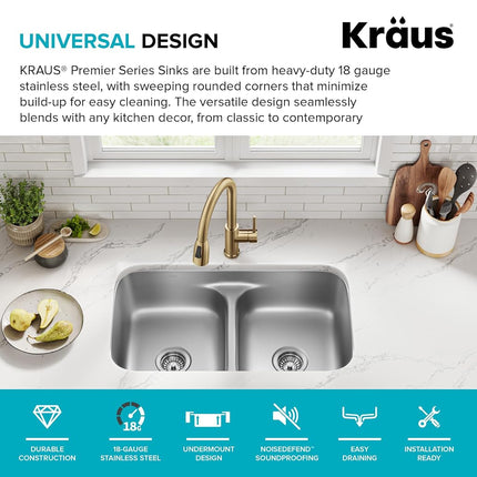 KRAUS KBU32 Premier 32-inch 16 Gauge Undermount 50/50 Double Bowl Kitchen Sink with Smart Low Divider