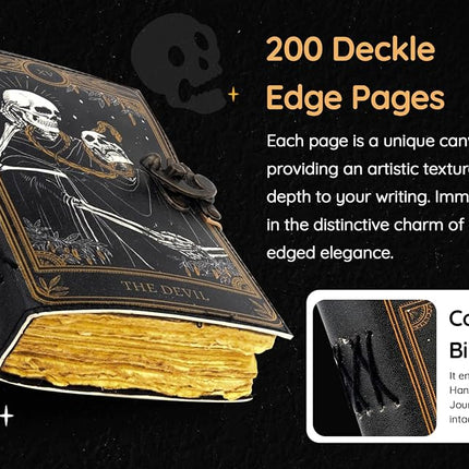 TUZECH Book of Spells Leather Bound Journal Deckle Edge Paper Grimoire Printed Diary Third Eye witchcraft supply and Witch Spell Notebook Antique Vintage Book for Men and Women (The Devil)