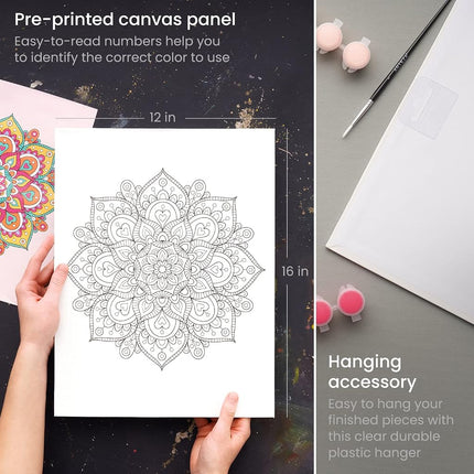 ARTEZA Pintura por números para adultos, 30 x 40 cm, 21 piezas, kit de pintura por números de mandala, incluye 1 panel de lona, 12 botes de pintura acrílica, 5 pinceles, materiales de arte para decoración de pared de casa y oficina