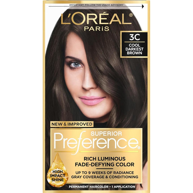 L’ Oreal Paris Superior Preference Fade-Defying + Shine Permanent Hair Color, 3C Cool Darkest Brown, Pack of 1, Hair Dye