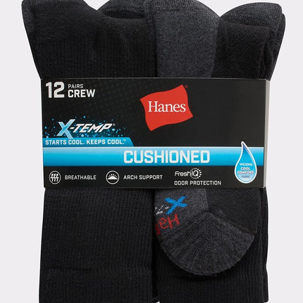 Chaussettes ras du cou matelassées pour hommes Hanes, X-Temp, paquet de 12 paires, noir, 10-13